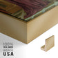 Close-up of the gold floater frame corner and gallery wrapped canvas construction.
