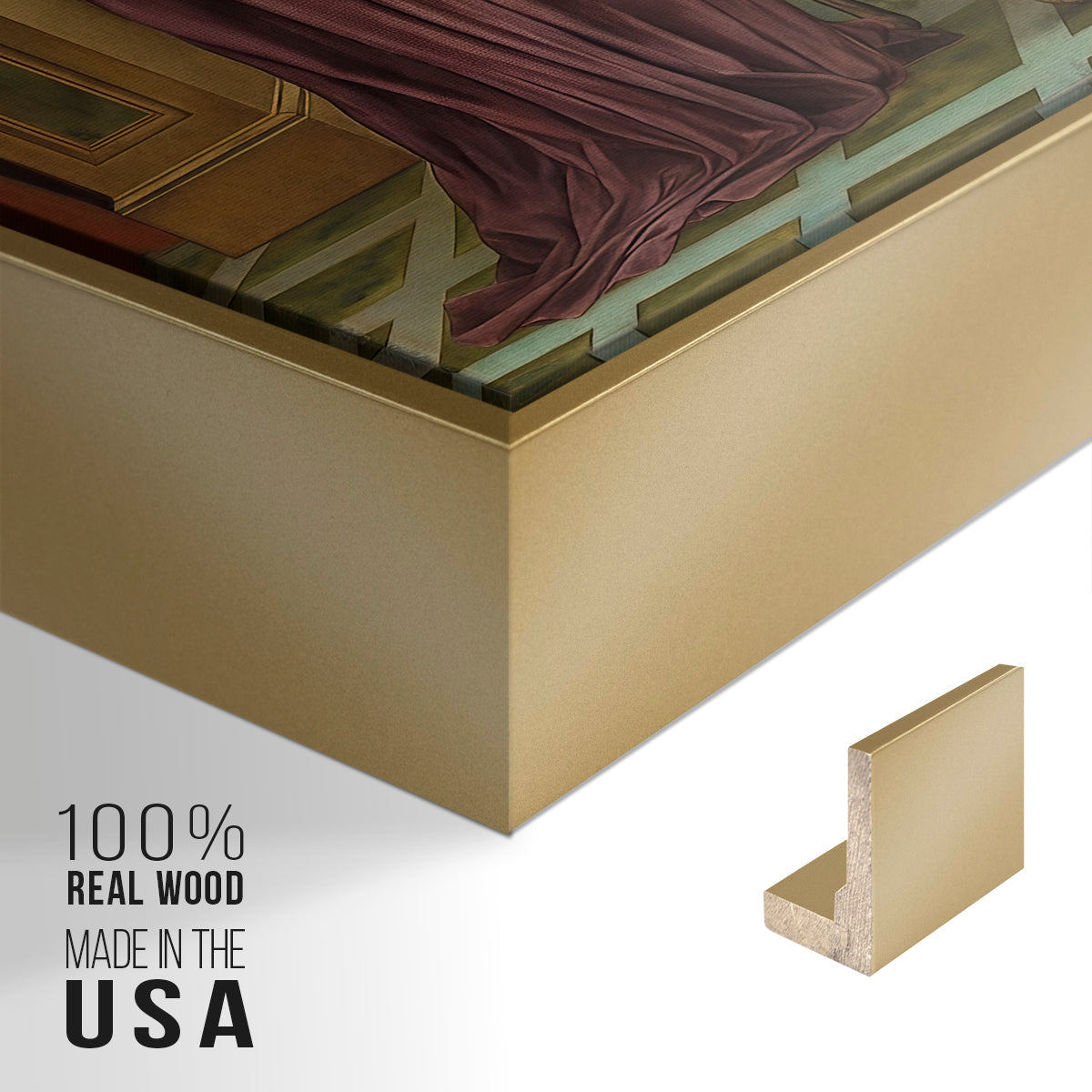 Close-up of the gold floater frame corner and gallery wrapped canvas construction.