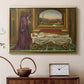 Gold floater framed canvas featuring an introspective scene with lone figure framed by interior elements, displayed above a cabinet in a soft-toned living room.