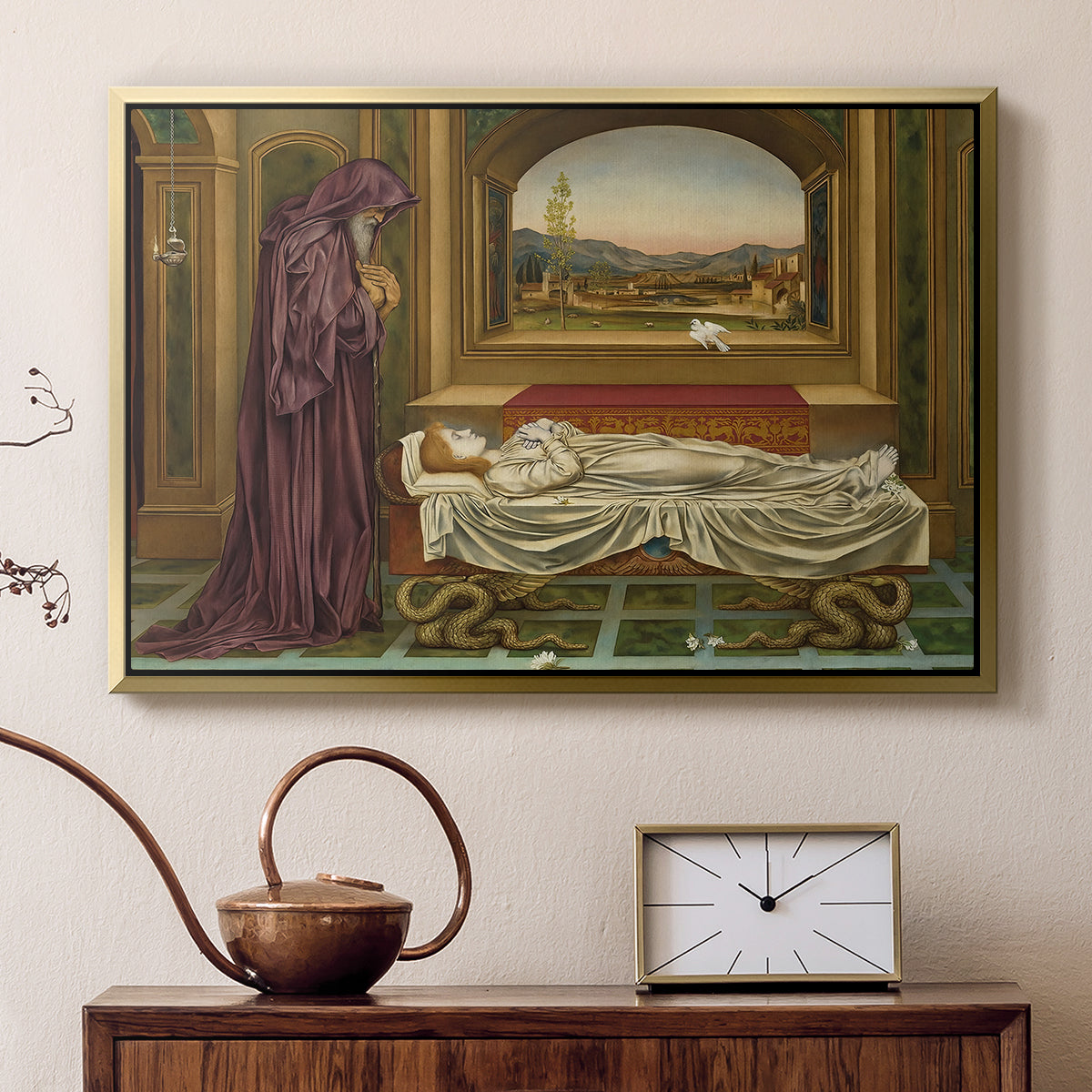 Gold floater framed canvas featuring an introspective scene with lone figure framed by interior elements, displayed above a cabinet in a soft-toned living room.