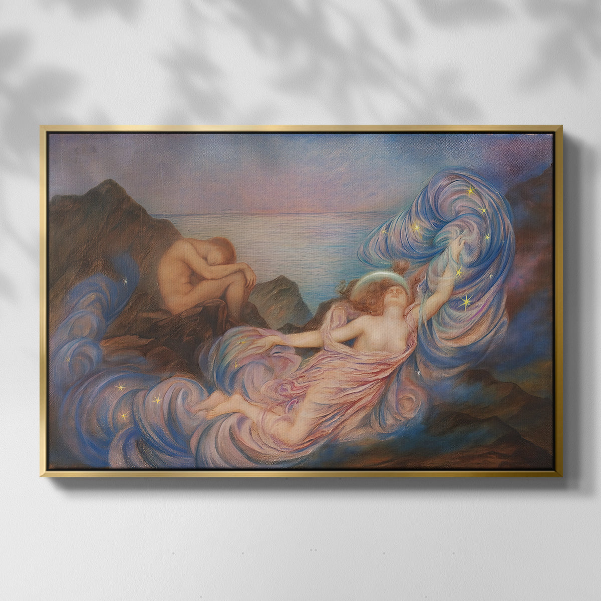 Front view of Twilight, 1914 by Evelyn De Morgan in a gold floater framed canvas.