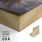 Close-up of the gold floater frame corner and gallery wrapped canvas construction.