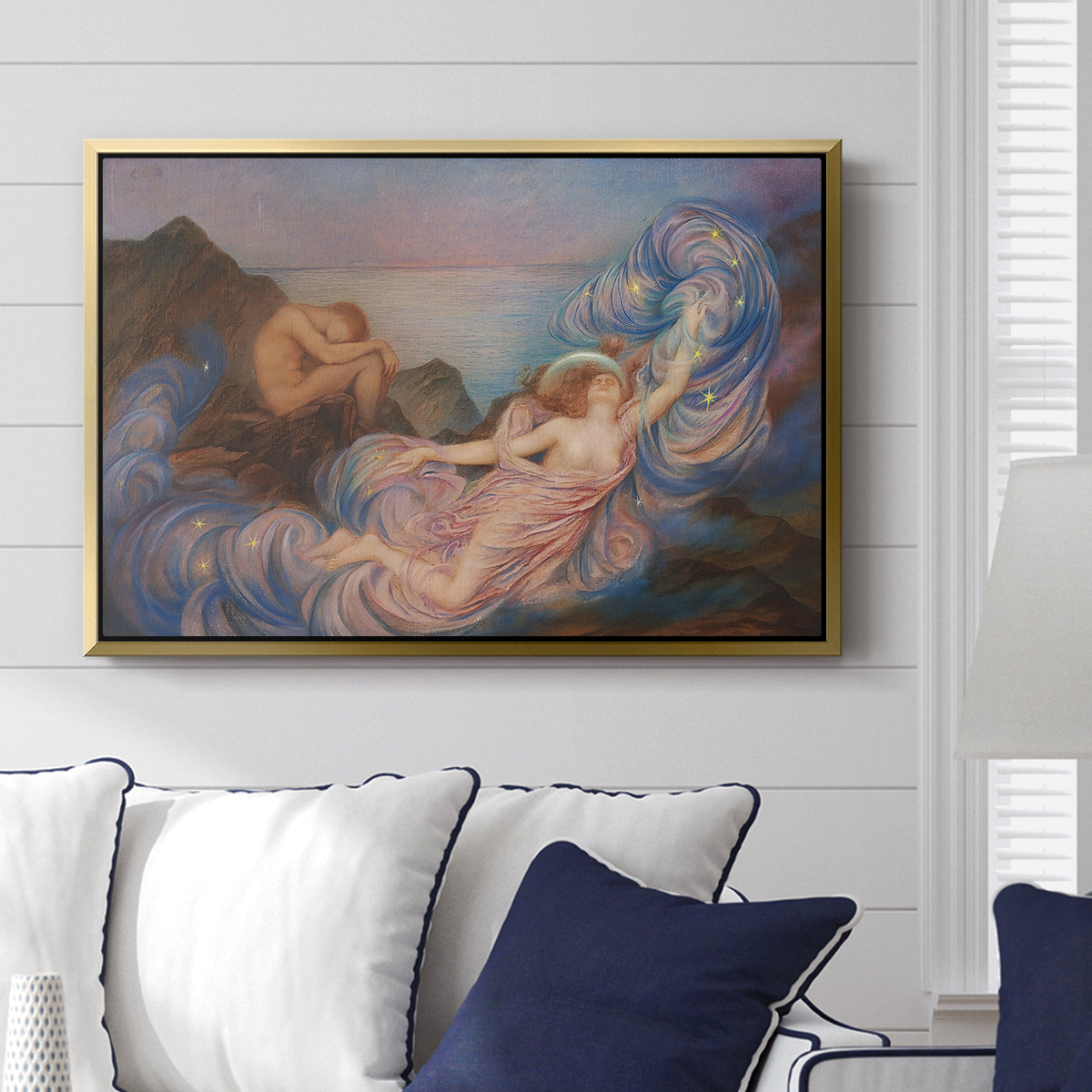 Twilight, 1914 by Evelyn De Morgan displayed above a sofa in a living room in a gold floater frame, featuring an allegorical figure resting in atmospheric dusk setting.