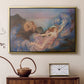 Gold floater framed canvas featuring a dreamlike composition with woman in fading light, displayed above a cabinet in a soft-toned living room.