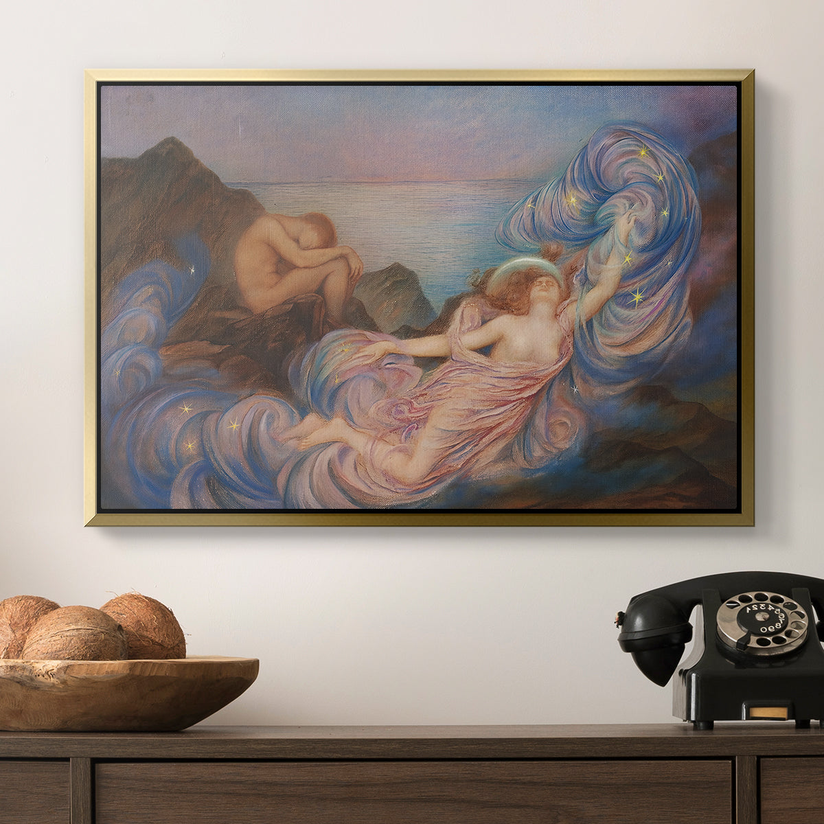 Twilight, 1914 by Evelyn De Morgan in a gold floater framed canvas displayed above a console table in a hallway, featuring a symbolic scene of figure surrounded by evening tones.