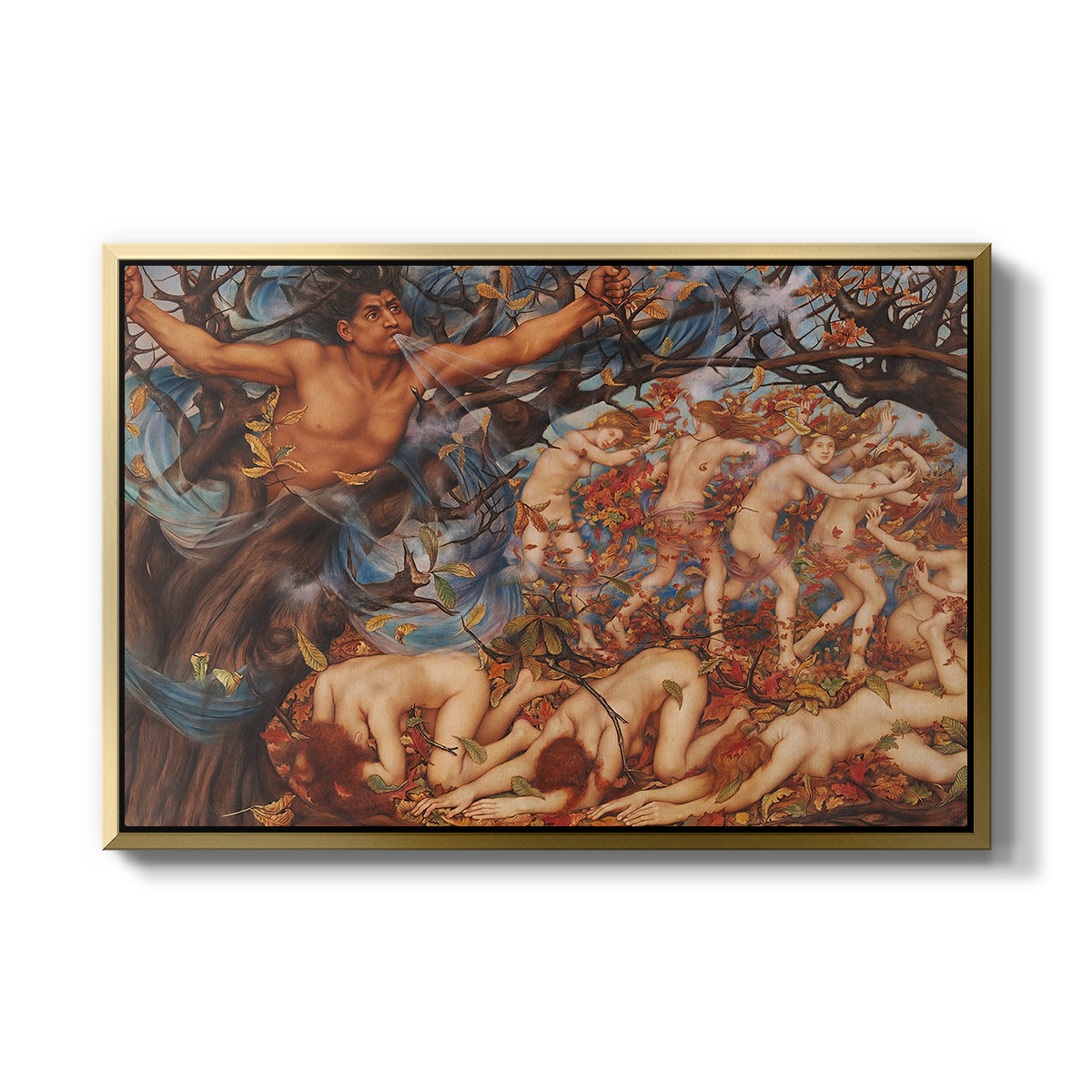 Boreas and the Fallen Leaves, c. 1910-1914 by Evelyn De Morgan in a gold floater framed canvas wall art display.