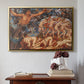 Gold floater framed canvas featuring Boreas and the Fallen Leaves, c. 1910-1914 by Evelyn De Morgan above an entryway table in a minimalist foyer.