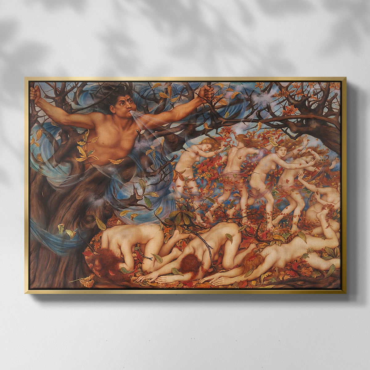 Front view of Boreas and the Fallen Leaves, c. 1910-1914 by Evelyn De Morgan in a gold floater framed canvas.