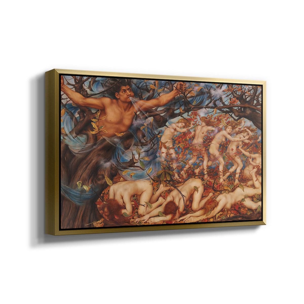 Angled view of Boreas and the Fallen Leaves, c. 1910-1914 by Evelyn De Morgan in a gold floater framed canvas.