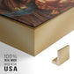 Close-up of the gold floater frame corner and gallery wrapped canvas construction.