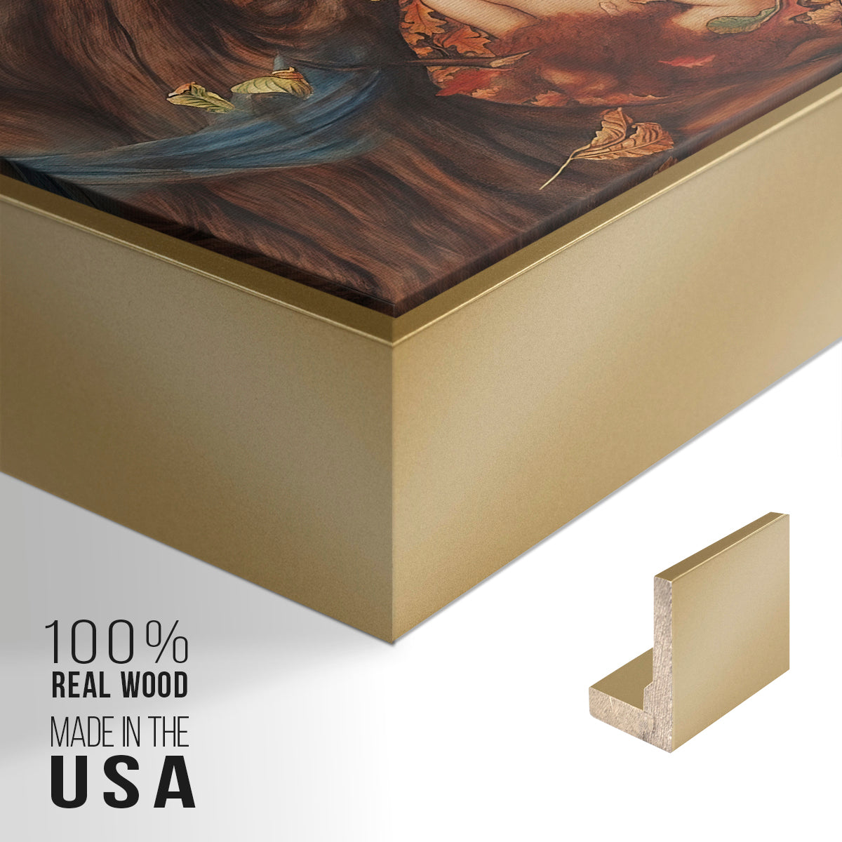 Close-up of the gold floater frame corner and gallery wrapped canvas construction.