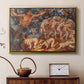 Gold floater framed canvas featuring an energetic depiction of figures swept through air by wind, displayed above a cabinet in a soft-toned living room.