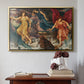 Gold floater framed canvas featuring The Storm Spirits, 1900 by Evelyn De Morgan above an entryway table in a minimalist foyer.