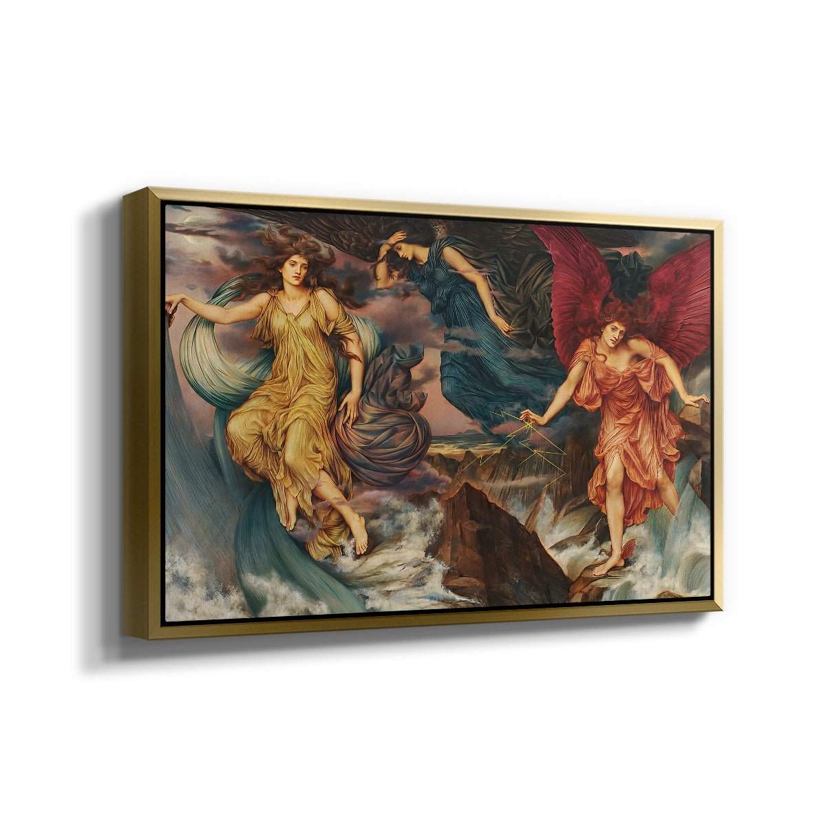 Angled view of The Storm Spirits, 1900 by Evelyn De Morgan in a gold floater framed canvas.