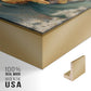 Close-up of the gold floater frame corner and gallery wrapped canvas construction.