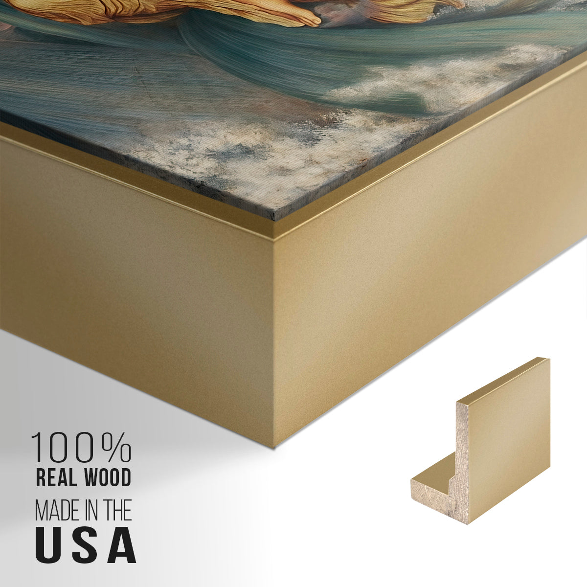 Close-up of the gold floater frame corner and gallery wrapped canvas construction.