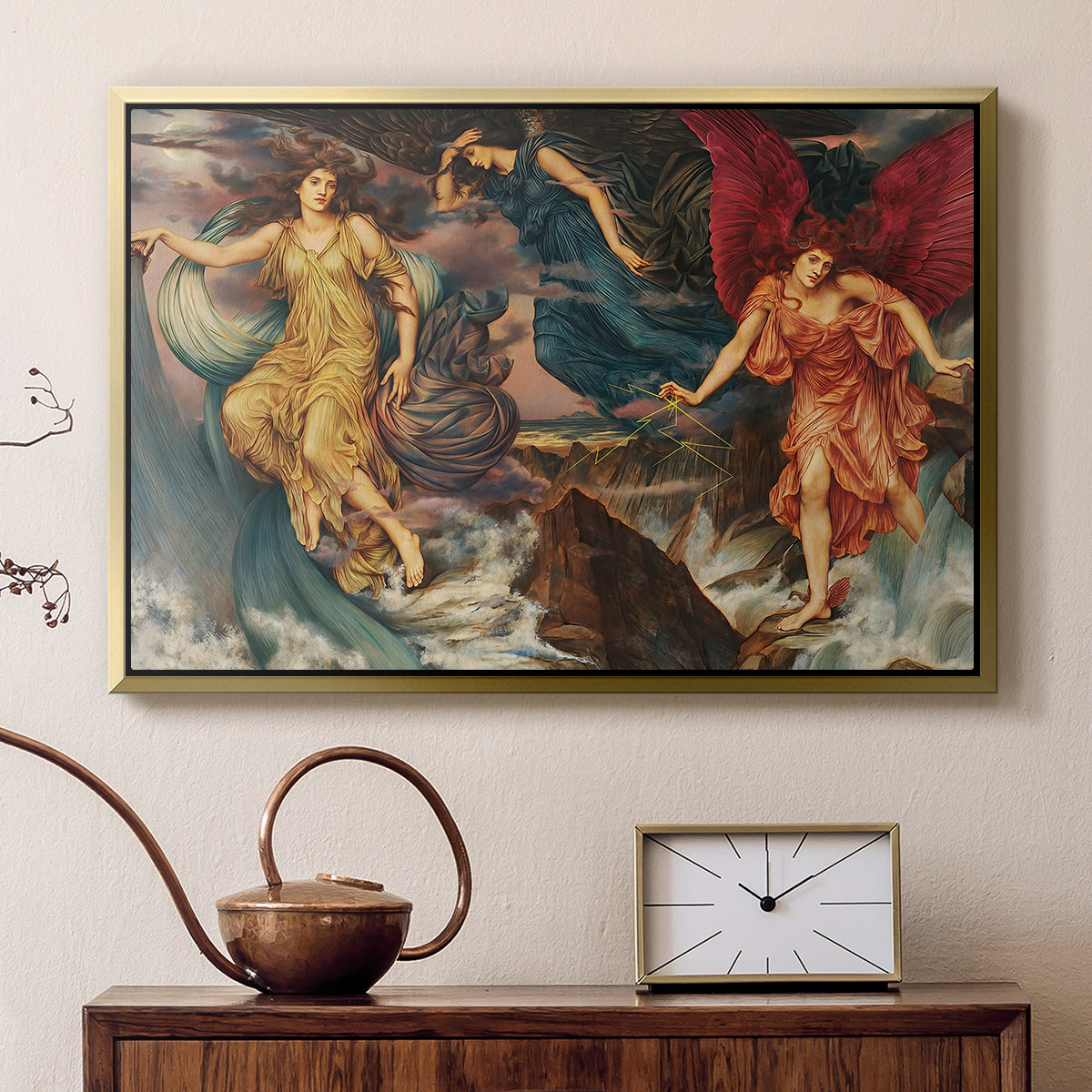 Gold floater framed canvas featuring a dynamic composition of figures embodying storm energy, displayed above a cabinet in a soft-toned living room.