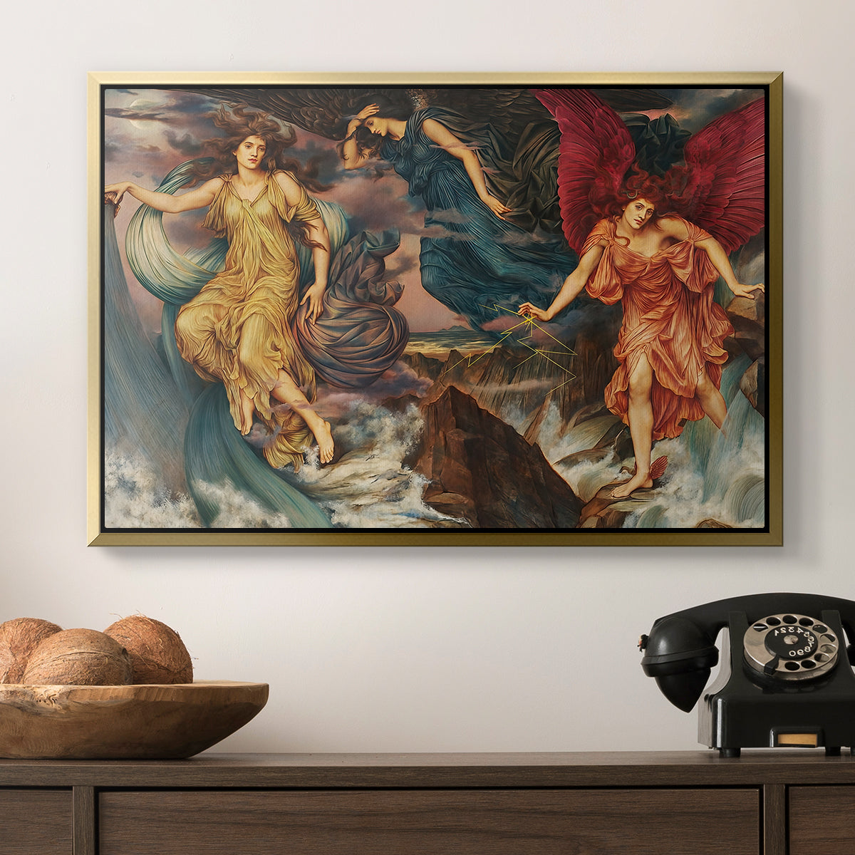 The Storm Spirits, 1900 by Evelyn De Morgan in a gold floater framed canvas displayed above a console table in a hallway, featuring a symbolic scene of airborne figures in chaotic movement.