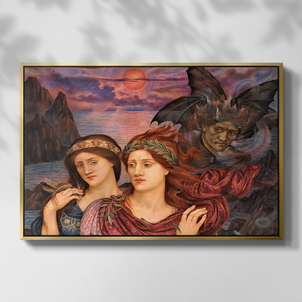 Front view of The Vision, 1914 by Evelyn De Morgan in a gold floater framed canvas.