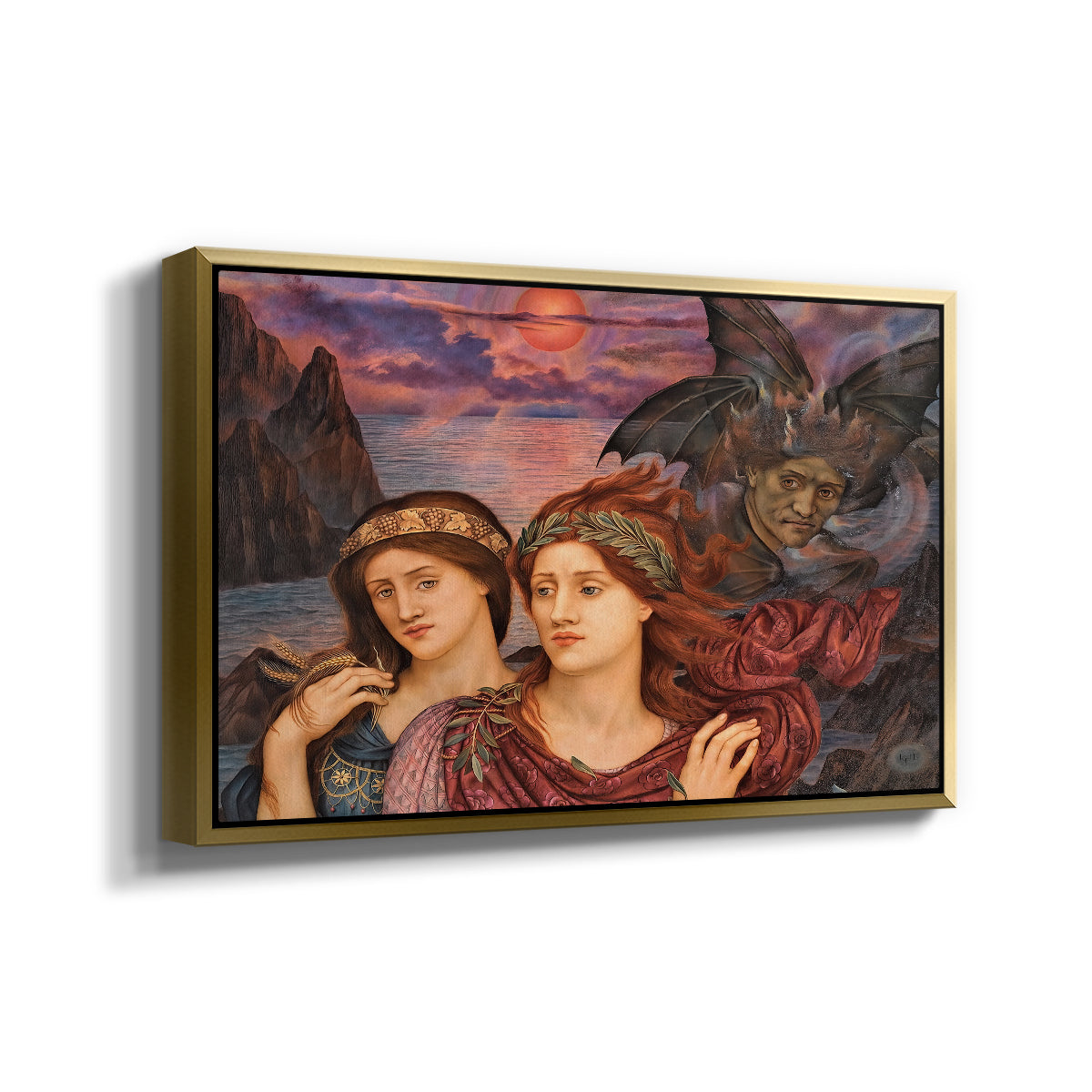 Angled view of The Vision, 1914 by Evelyn De Morgan in a gold floater framed canvas.