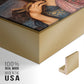 Close-up of the gold floater frame corner and gallery wrapped canvas construction.