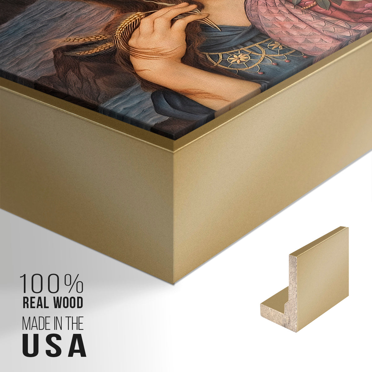 Close-up of the gold floater frame corner and gallery wrapped canvas construction.