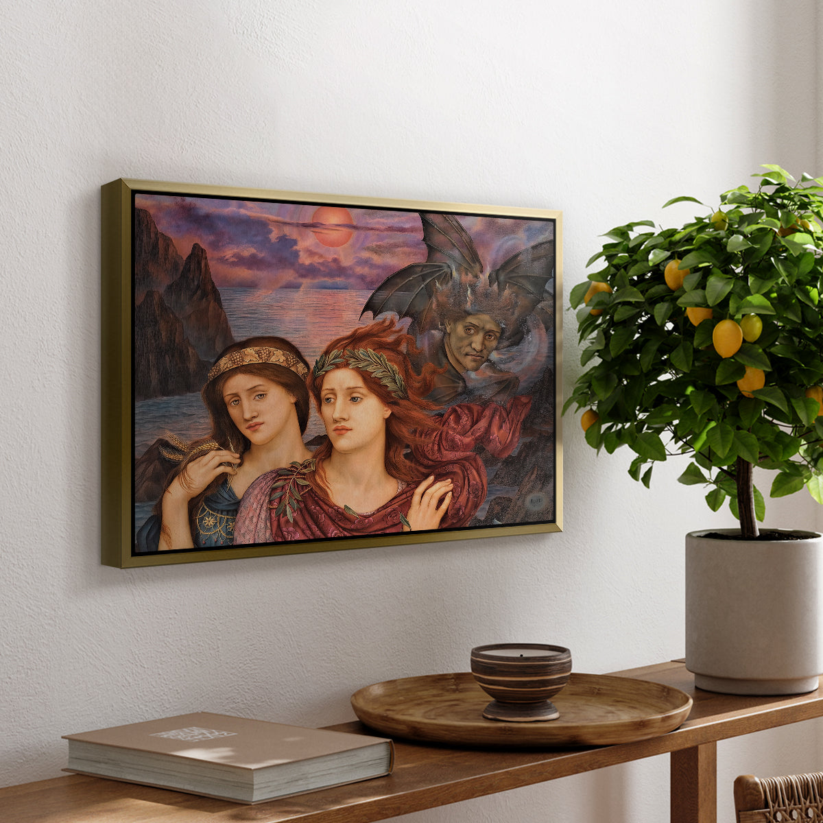 The Vision, 1914 by Evelyn De Morgan, presented in a gold floater framed canvas featuring two female figures gazing outward with vivid sky behind them, displayed above a hallway console table.