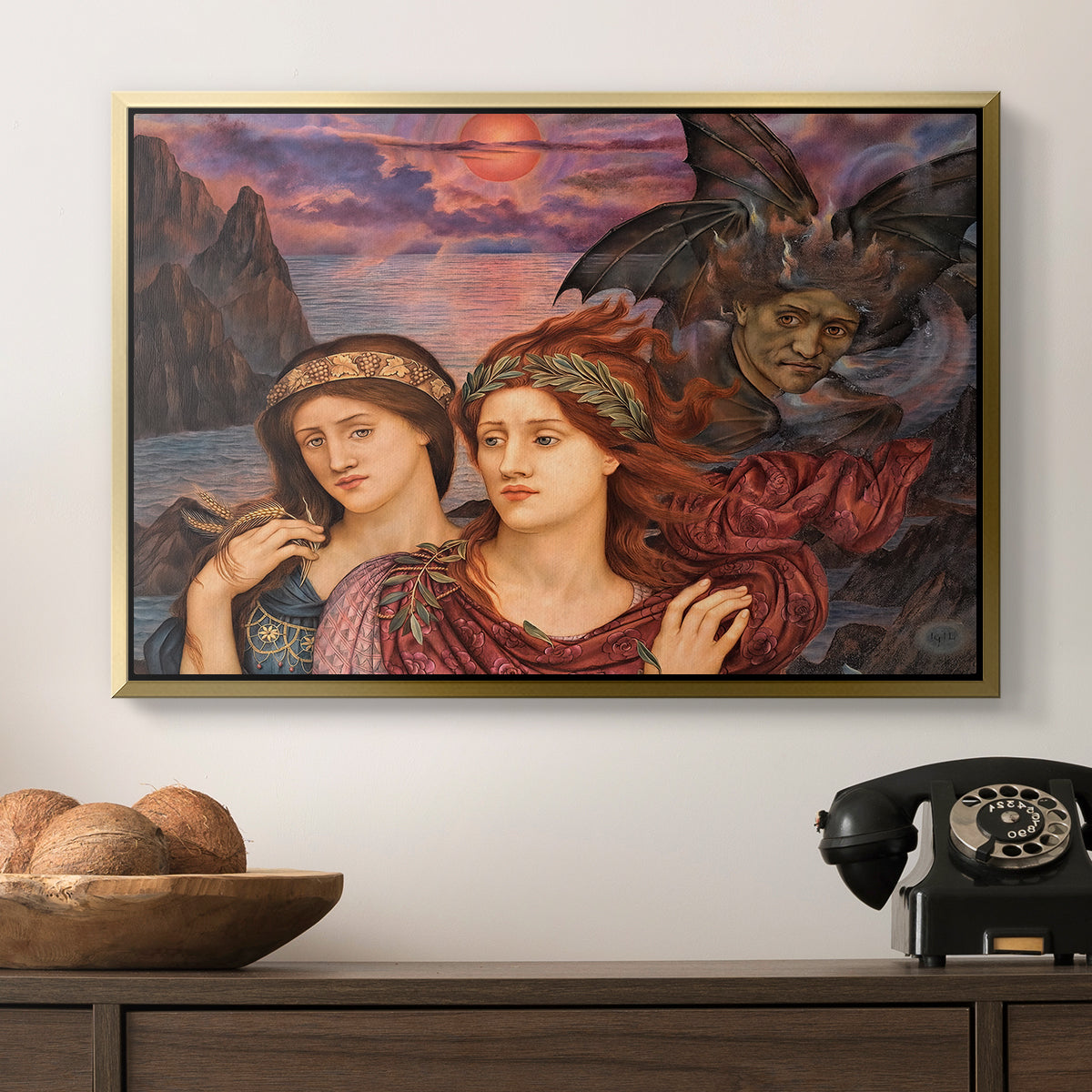 The Vision, 1914 by Evelyn De Morgan in a gold floater framed canvas displayed above a console table in a hallway, featuring an allegorical scene emphasizing emotion and color.