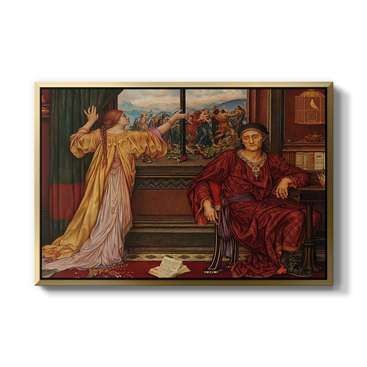 The Gilded Cage, c. 1901-1902 by Evelyn De Morgan in a gold floater framed canvas wall art display.