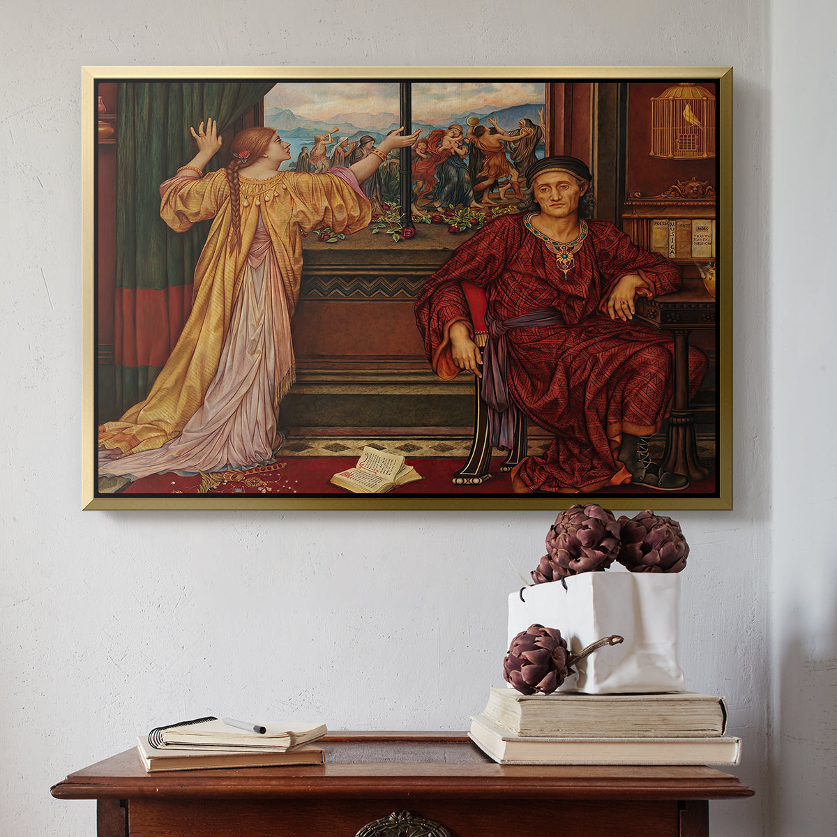 Gold floater framed canvas featuring The Gilded Cage, c. 1901-1902 by Evelyn De Morgan above an entryway table in a minimalist foyer.