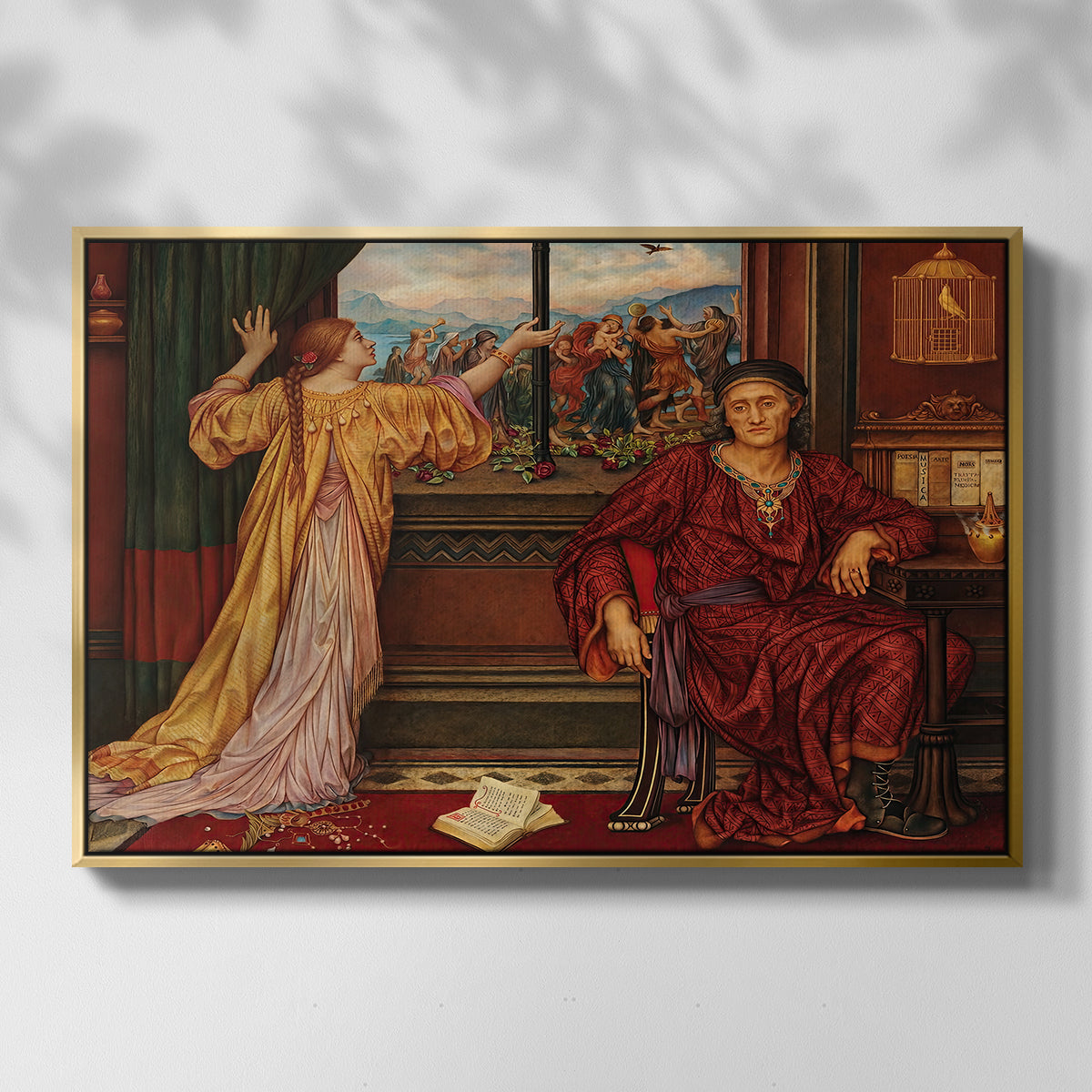 Front view of The Gilded Cage, c. 1901-1902 by Evelyn De Morgan in a gold floater framed canvas.