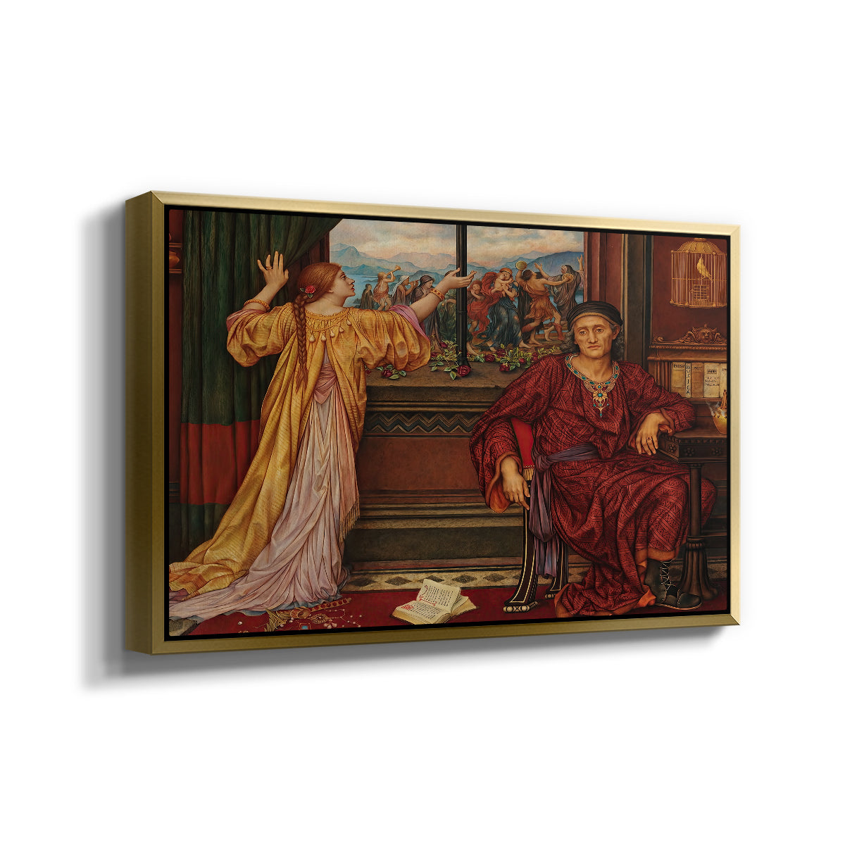 Angled view of The Gilded Cage, c. 1901-1902 by Evelyn De Morgan in a gold floater framed canvas.