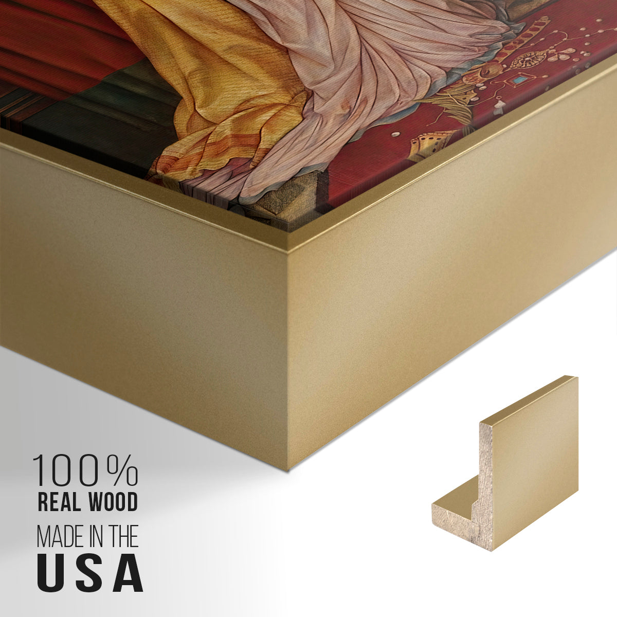 Close-up of the gold floater frame corner and gallery wrapped canvas construction.