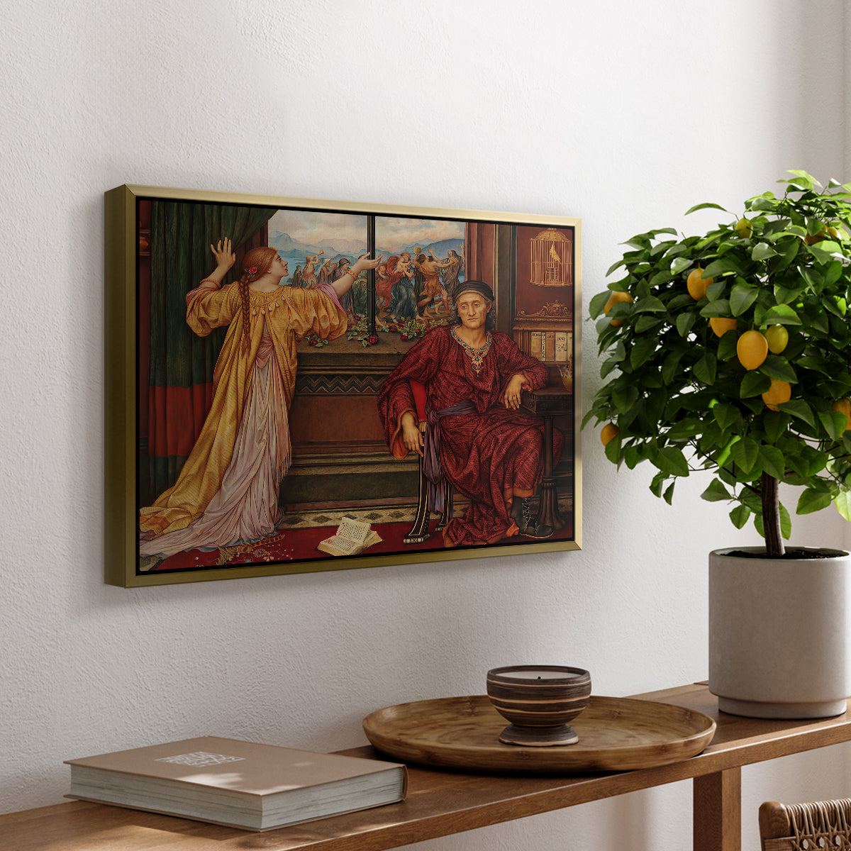 The Gilded Cage, c. 1901-1902 by Evelyn De Morgan, presented in a gold floater framed canvas featuring a woman seated inside ornate interior symbolizing confinement and luxury, displayed above a hallway console table.