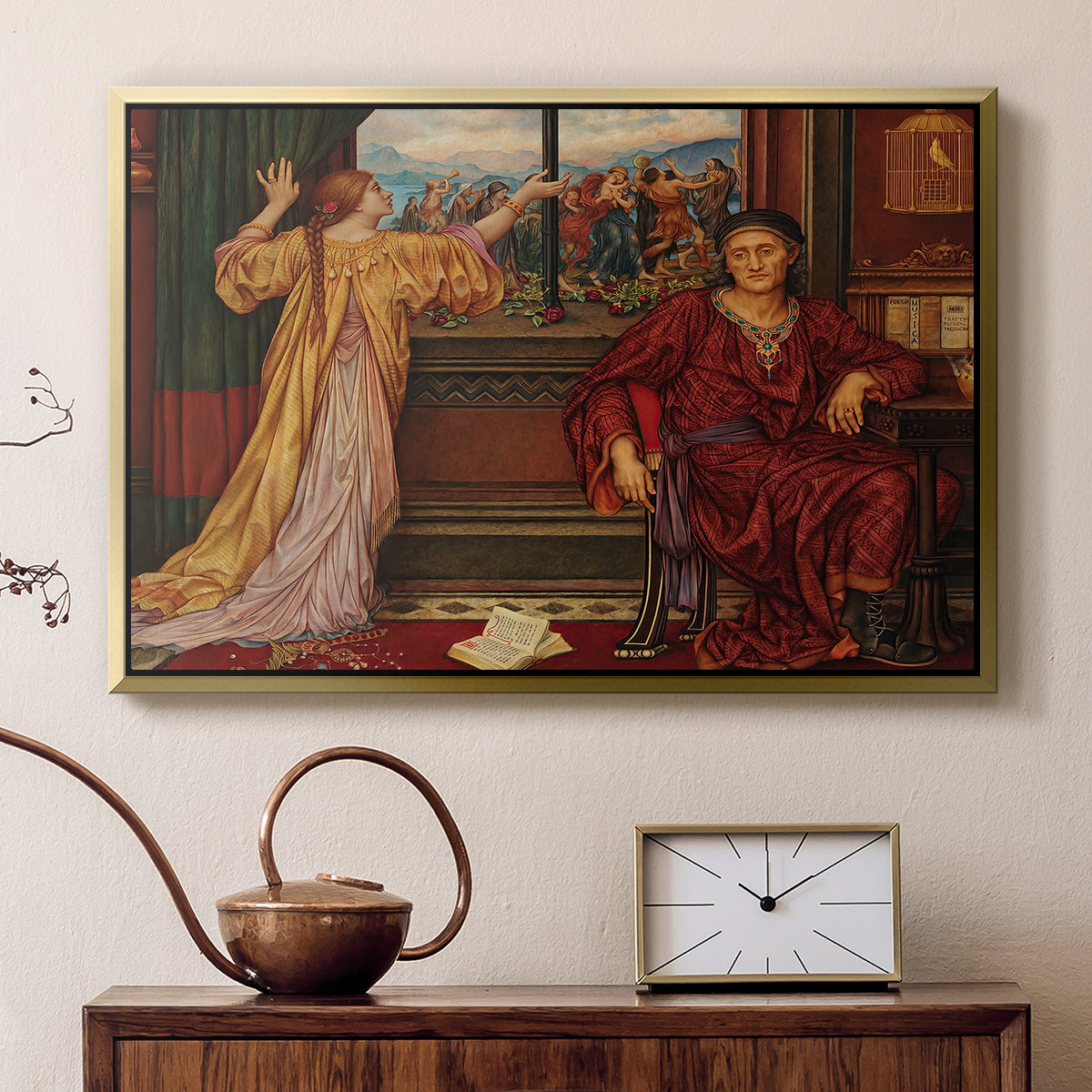 Gold floater framed canvas featuring an interior composition with woman and gilded elements suggesting restriction, displayed above a cabinet in a soft-toned living room.