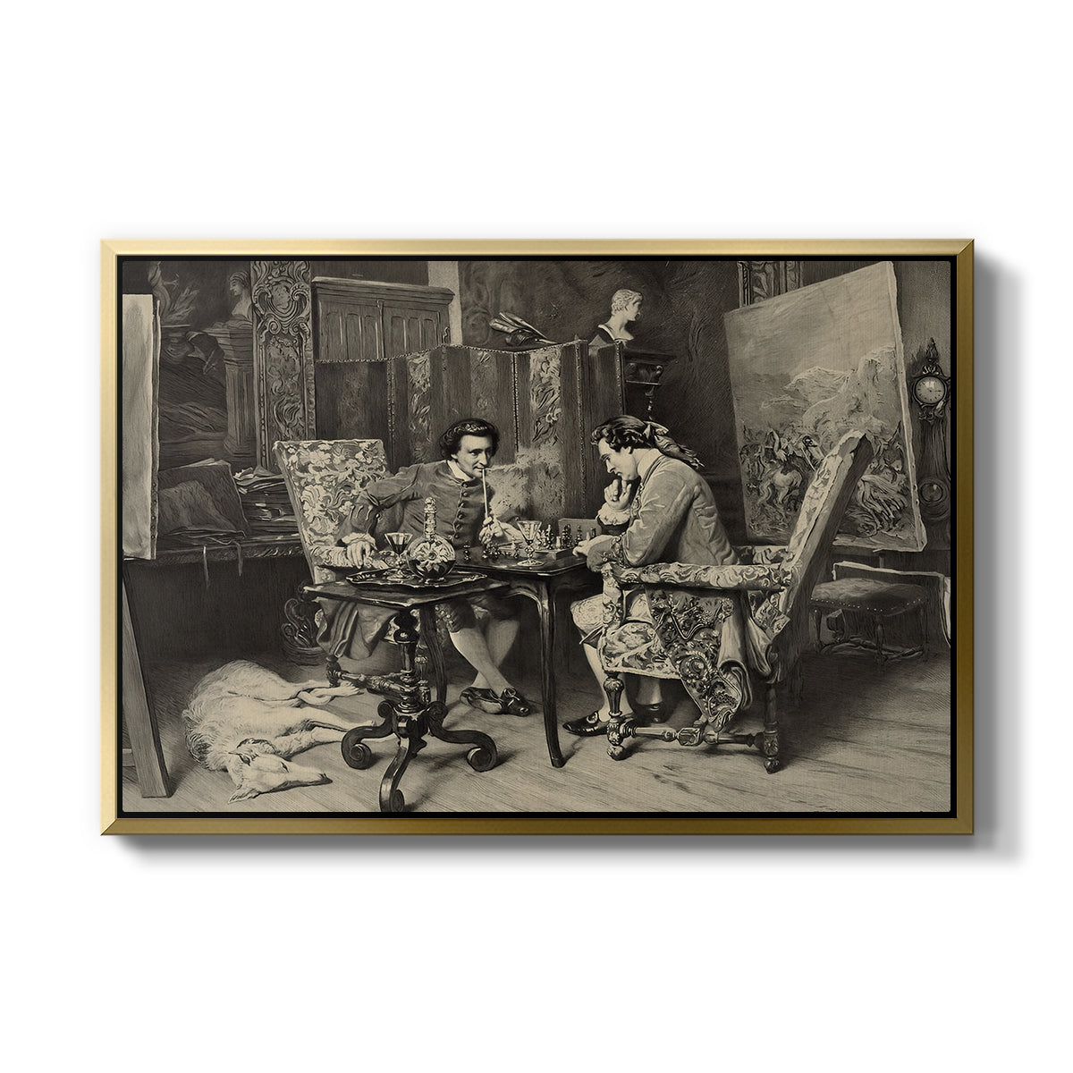 The Chess Players, 1858 by Ernest Meissonier in a gold floater framed canvas wall art display.