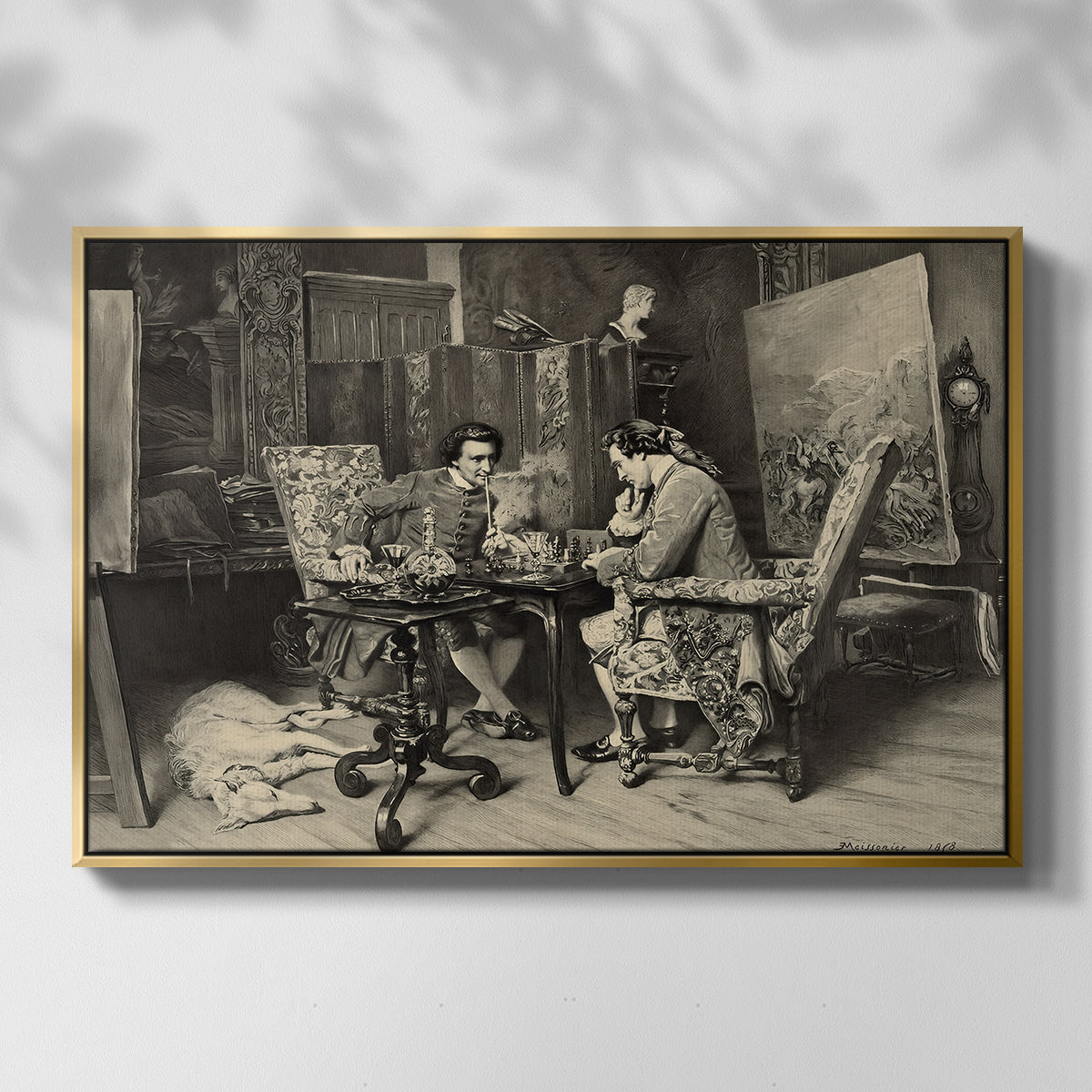 Front view of The Chess Players, 1858 by Ernest Meissonier in a gold floater framed canvas.