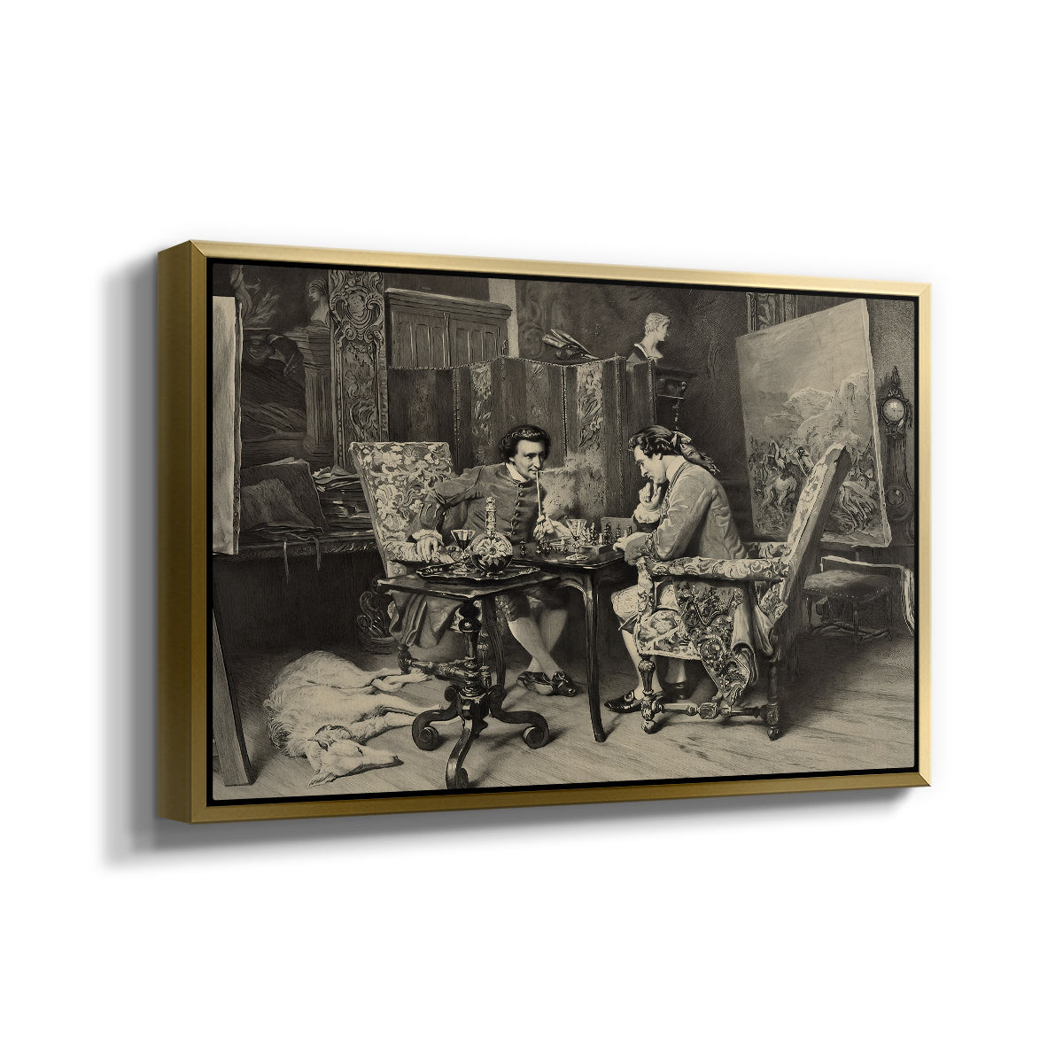 Angled view of The Chess Players, 1858 by Ernest Meissonier in a gold floater framed canvas.