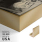 Close-up of the gold floater frame corner and gallery wrapped canvas construction.