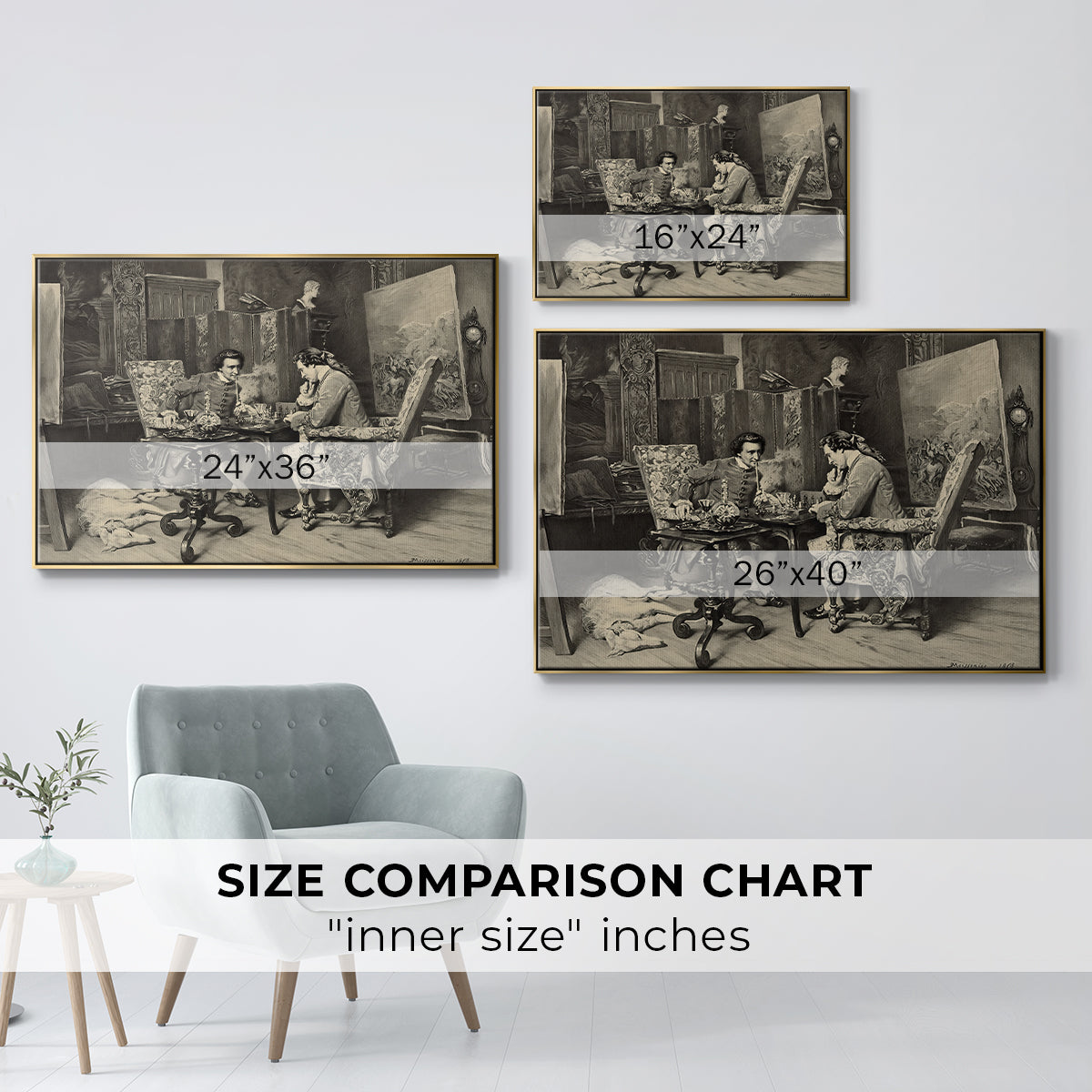 Size comparison chart for gold floater framed canvas featuring The Chess Players, 1858 by Ernest Meissonier.