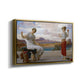 Angled view of Winding the Skein, c. 1878 by Frederic Leighton in a gold floater framed canvas.