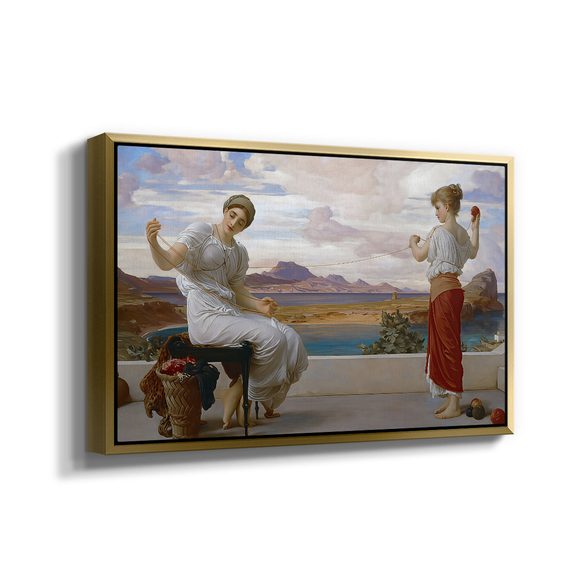 Angled view of Winding the Skein, c. 1878 by Frederic Leighton in a gold floater framed canvas.