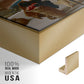 Close-up of the gold floater frame corner and gallery wrapped canvas construction.