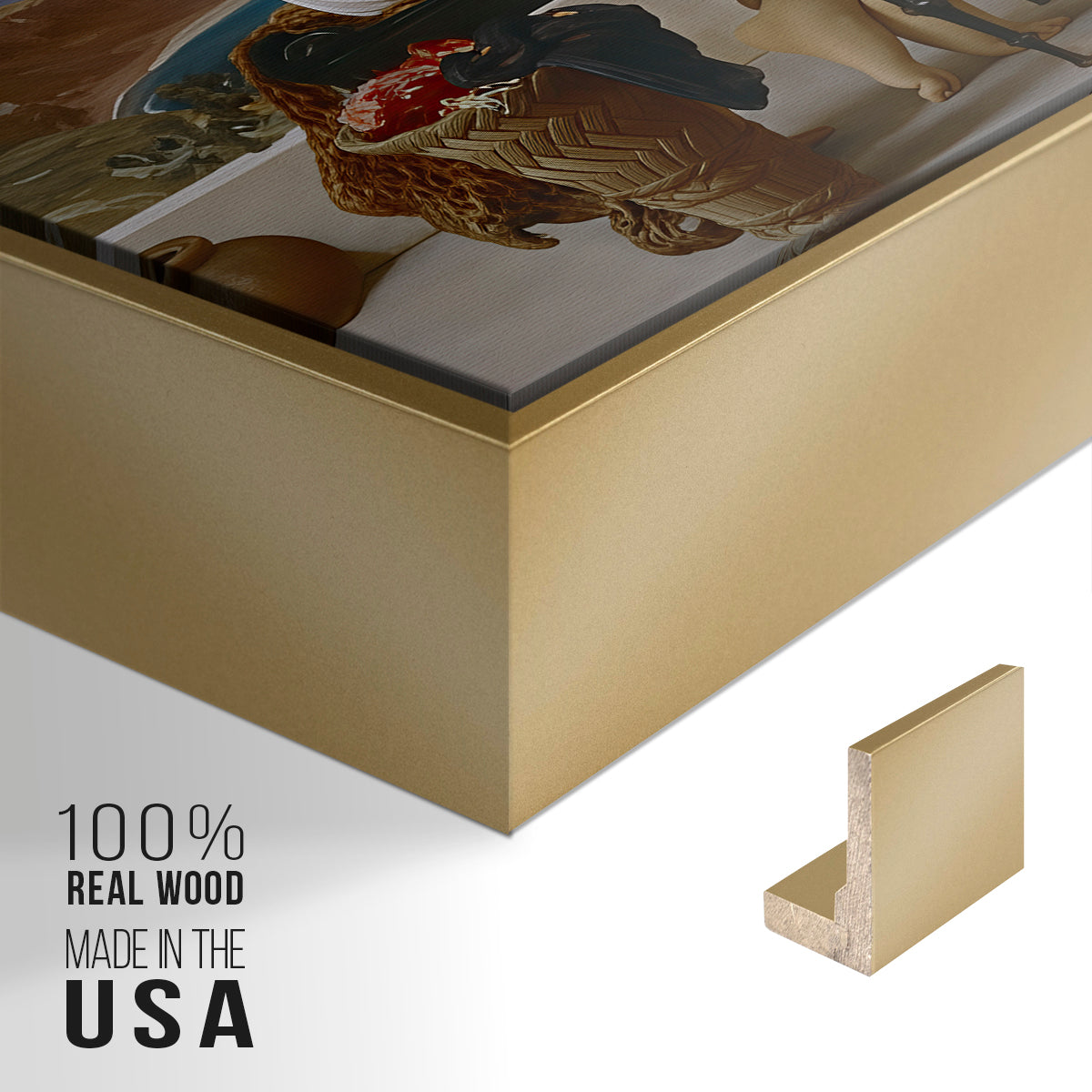 Close-up of the gold floater frame corner and gallery wrapped canvas construction.