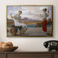 Winding the Skein, c. 1878 by Frederic Leighton in a gold floater framed canvas displayed above a console table in a hallway, featuring an elegant composition of women performing domestic task.