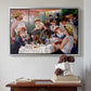 Silver floater framed canvas featuring Luncheon of the Boating Party (Le Déjeuner des canotiers), 1880-1881 by Pierre-Auguste Renoir above an entryway table in a minimalist foyer.