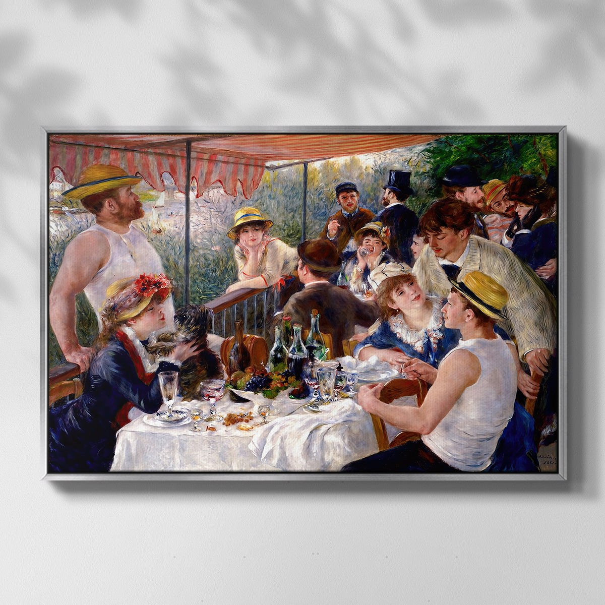 Front view of Luncheon of the Boating Party (Le Déjeuner des canotiers), 1880-1881 by Pierre-Auguste Renoir in a silver floater framed canvas.