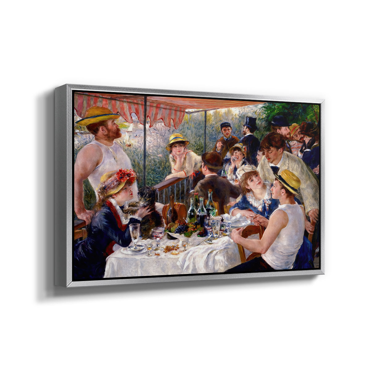 Angled view of Luncheon of the Boating Party (Le Déjeuner des canotiers), 1880-1881 by Pierre-Auguste Renoir in a silver floater framed canvas.