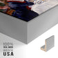 Close-up of the silver floater frame corner and gallery wrapped canvas construction.