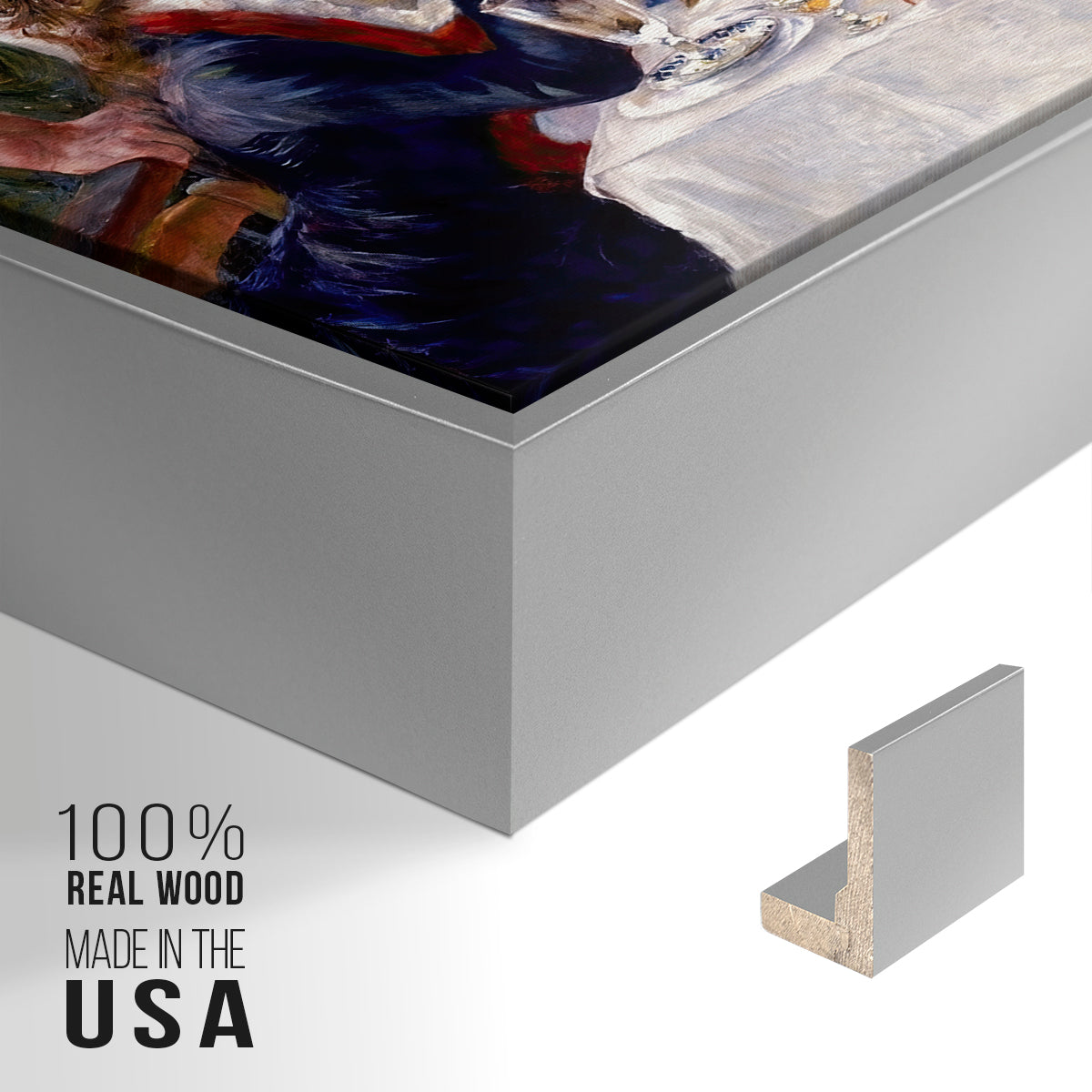 Close-up of the silver floater frame corner and gallery wrapped canvas construction.